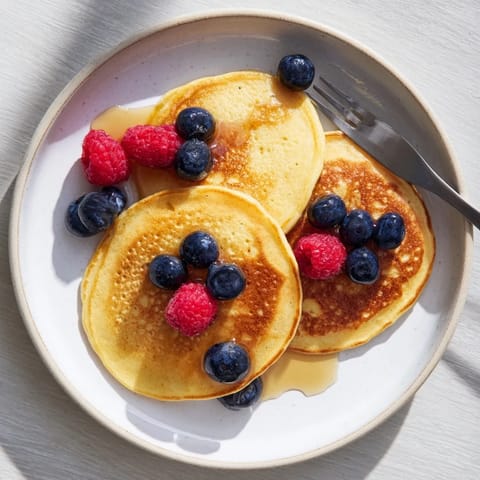 Stack of fluffy banana pancakes topped with fresh berries and a drizzle of maple syrup on a rustic plate.