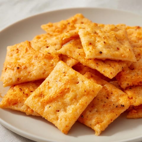A close-up view of homemade Crispy Cheeto Cheese Crackers stacked on a cooling rack, highlighting the sharp cheddar and bold orange hue.  