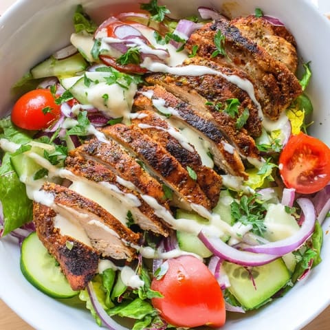 Colorful Chicken Shawarma Salad Bowl with spiced sliced chicken, crisp greens, tomatoes, cucumbers, red onion, parsley, and creamy garlic sauce.  