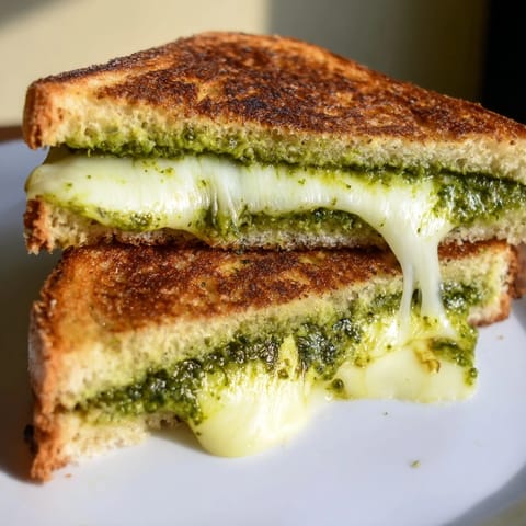 A golden Sourdough Pesto Grilled Cheese sandwich, sliced diagonally to reveal melty mozzarella and fontina.