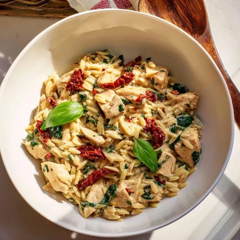 Golden-brown chicken pieces simmer in a creamy sauce with orzo pasta, sun-dried tomatoes, and wilted spinach in a skillet.