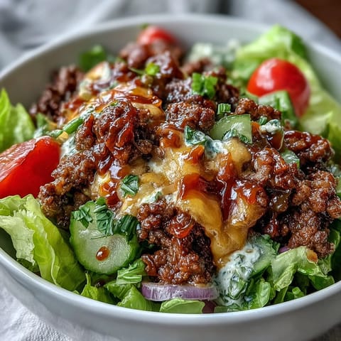 Serving suggestion for Easy Big Mac in a Bowl: a gluten-free deconstructed burger topped with special sauce, ready for a healthy weeknight meal.