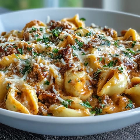 Fresh parsley garnishes a comforting skillet of One Pot Creamy Beef and Shells, showcasing melted cheddar and Parmesan cheese in a hearty sauce.