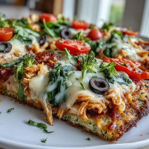 Golden Broccoli Chicken Crust Pizza loaded with fresh vegetables and melted cheese.