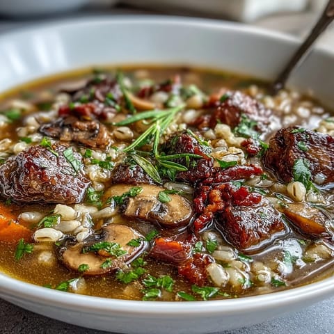 A rustic bowl of Beef and Barley Soup with Mushrooms, garnished with fresh parsley and served beside crusty artisan bread.