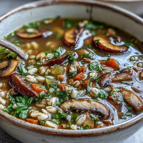 A hearty American deli-style Mushroom Barley Soup filled with diced carrots, celery, and tender sliced mushrooms.