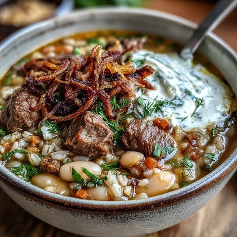 A hearty spoonful of Persian-inspired Beef Barley Soup topped with crispy mint-fried onions on a rustic table.