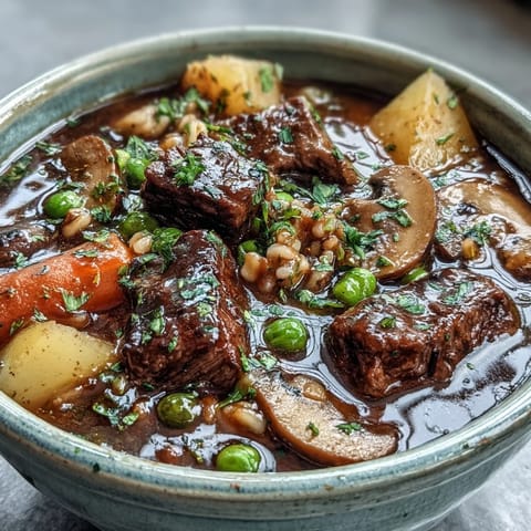 Spoon lifting a rich ladle of Beef and Barley Soup with carrots, peas, and barley.