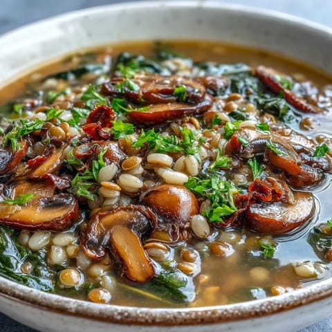 Double Lentil and Mushroom Barley Soup steams in a rustic bowl, showing tender lentils, sliced mushrooms, and chewy barley in hearty broth. 