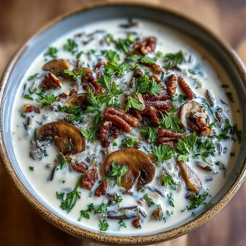 Close-up of a ladle serving hearty Wild Rice Mushroom Soup, showcasing tender wild mushrooms and nutty rice grains.
