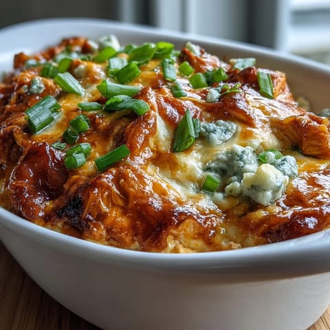A hot, cheesy Buffalo Chicken Dip dip fresh from the oven, garnished with green onions, perfect for game day snacking with friends.