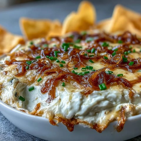 Savory Smoked Gouda & Onion Dip is baked bubbly and golden, ready to scoop with crisp celery sticks.