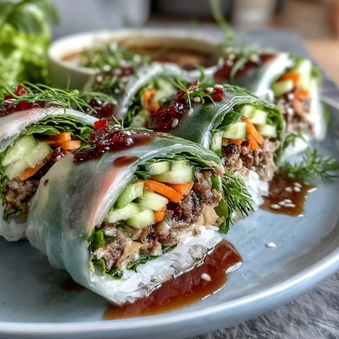 Thai Basil Beef Rolls filled with savory ground beef, crisp cucumbers, carrots, and fresh herbs wrapped in soft rice paper.
