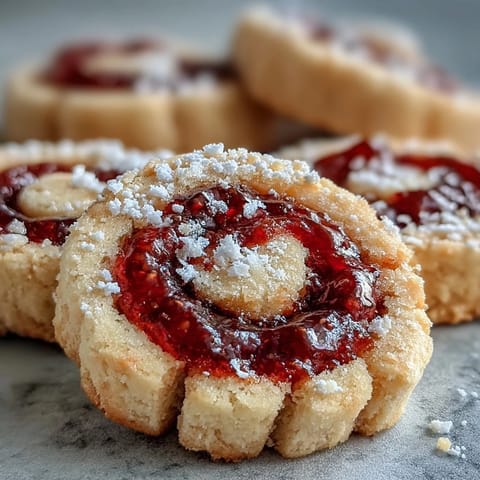 A close-up of a half-bitten Raspberry Swirl Shortbread Cookie reveals a soft, buttery interior and tangy jam swirl.