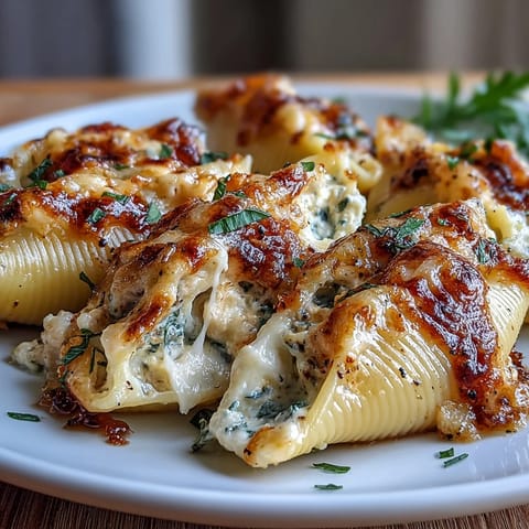 Pumpkin & Gouda Stuffed Shells with creamy filling and crispy fried sage garnish on top, ready for a cozy fall dinner.