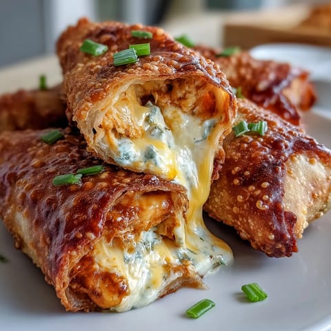 Freshly fried Buffalo Chicken Dip Egg Rolls sit on a white plate with a side of celery sticks and ranch.