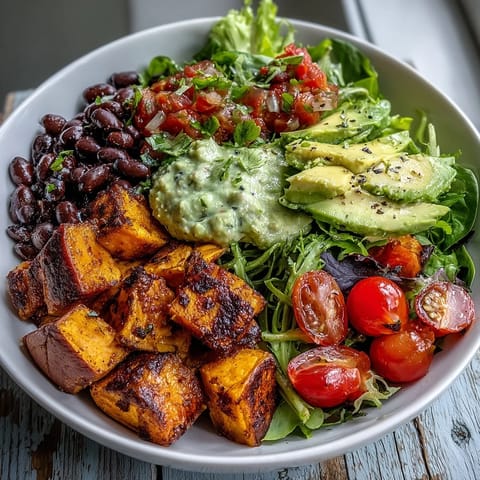 A close-up of a fresh Sweet Potato and Black Bean Bowl topped with creamy avocado, salsa, and lime dressing.