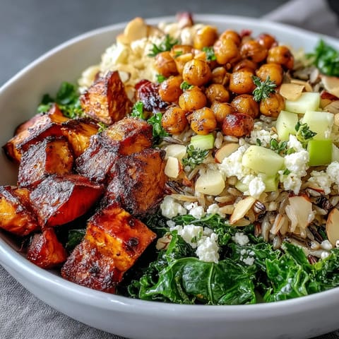 Warm Fall Harvest Bowl with roasted sweet potatoes, kale, and feta on a rustic wooden table.
