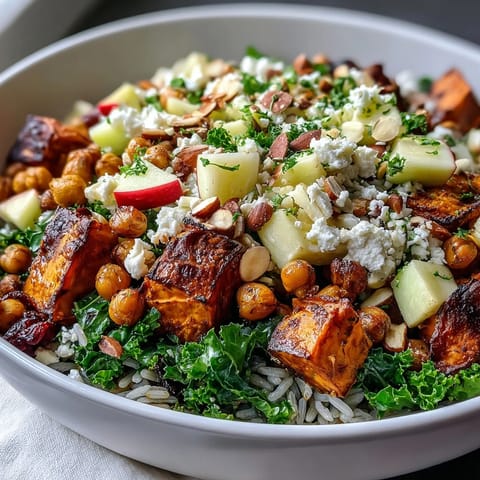 Overhead Fall Harvest Bowl with colorful veggies, crisp chickpeas, and sliced almonds on white marble.