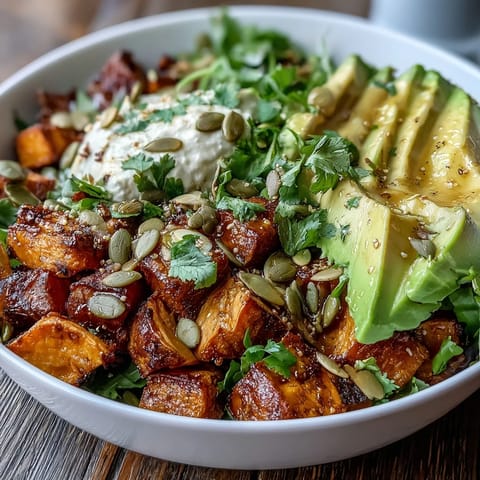 Roasted sweet potato cubes with crispy edges, creamy avocado, and cottage cheese, all drizzled with spicy hot honey in a vibrant bowl.