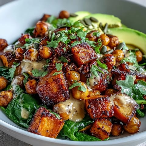 Golden roasted sweet potatoes and crispy chickpeas mingle with garlicky spinach in this vibrant Roasted Sweet Potato and Chickpea Bowl.