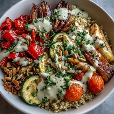 Healthy vegan Roasted Vegetable Quinoa Bowl with sheet pan veggies and toasted pumpkin seeds, perfect for an easy dinner.
