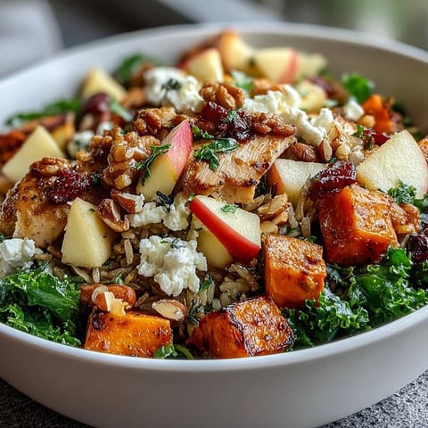 Freshly roasted sweet potatoes and tender chicken fill this Harvest Bowl, served over massaged kale with wild rice, diced apples, and crumbled goat cheese.
