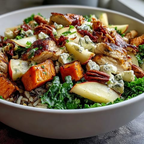 Vibrant Harvest Bowl featuring golden roasted chicken and sweet potatoes on a bed of hearty kale, tossed with wild rice, almonds, and a tangy balsamic glaze.