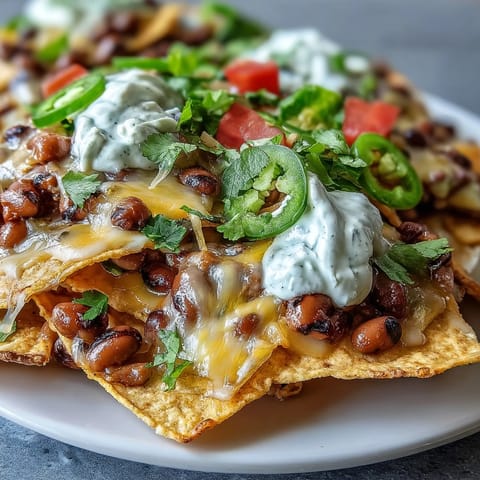 Crispy tortilla chips loaded with black-eyed peas, melted cheddar, and spicy jalapeños for a hearty Tex-Mex appetizer.