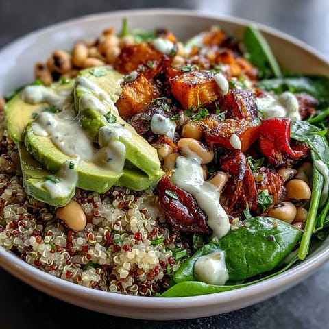 A vibrant Black-Eyed Pea Buddha Bowl features creamy avocado, spinach, and a drizzle of rich tahini dressing. 