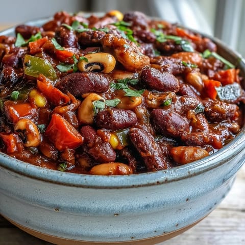 A comforting bowl of Black-Eyed Pea Chili topped with sour cream and fresh cilantro, served alongside warm cornbread on a rustic table.