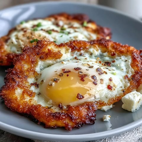 Crispy Feta Fried Eggs rest on buttery toast, garnished with fresh parsley and dill.