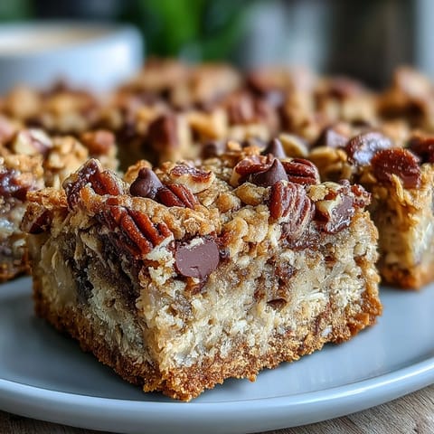 Freshly baked banana oatmeal bars, sliced and ready for a healthy breakfast or snack.