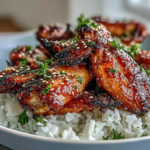 Sticky honey garlic BBQ sauce coats tender chicken wings, served hot over fluffy rice on a white plate for dinner.