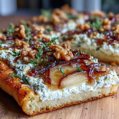 Close-up of Goat Cheese & Pear Flatbread with Hot Honey, showing creamy cheese melting with sliced pears and drizzled chili honey.