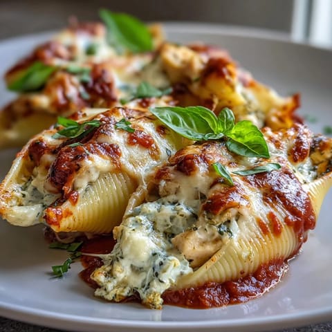 Fork holding a bite of Pesto Lasagna Stuffed Shells revealing creamy ricotta, chicken, and pesto filling.