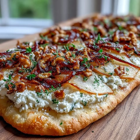 Close-up of warm Goat Cheese & Pear Flatbread with creamy spread, juicy pear slices, and spicy hot honey for an easy appetizer.