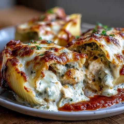 Golden-brown Pesto Lasagna Stuffed Shells fresh from the oven, filled with ricotta and shredded chicken, topped with melted mozzarella and fresh basil.