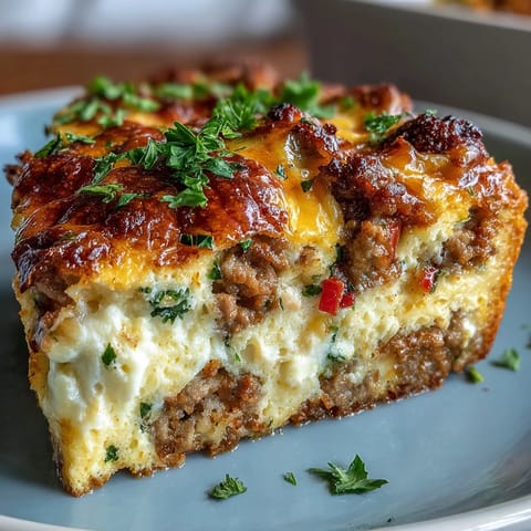 Fork taking a cheesy bite of Keto Sausage and Egg Breakfast Bake with Peppers, showing fluffy interior.