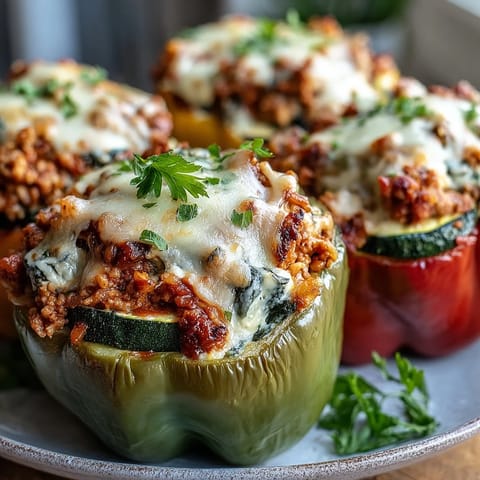 Golden-brown Turkey and Veggie Stuffed Bell Peppers topped with melted mozzarella cheese, served hot from the oven on a white plate.