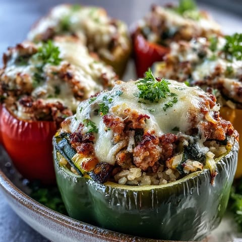 Roasted bell peppers overflowing with savory ground turkey, zucchini, carrots, and brown rice, garnished with fresh chopped parsley for a healthy meal.