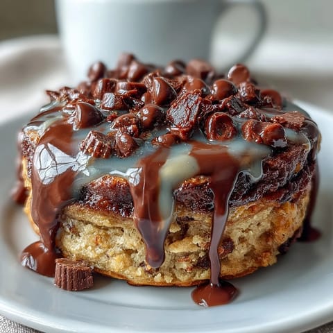 Two warm, gooey Peanut Butter Cup Protein Pancake Bowls topped with a peanut butter drizzle and mini chocolate chips.