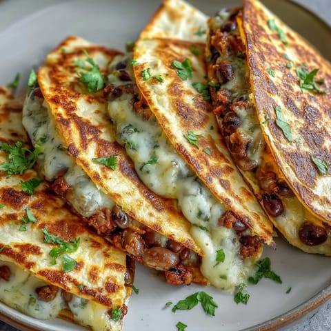 Golden-black-eyed-pea quesadilla with melted cheese and fresh cilantro served on a wooden board.