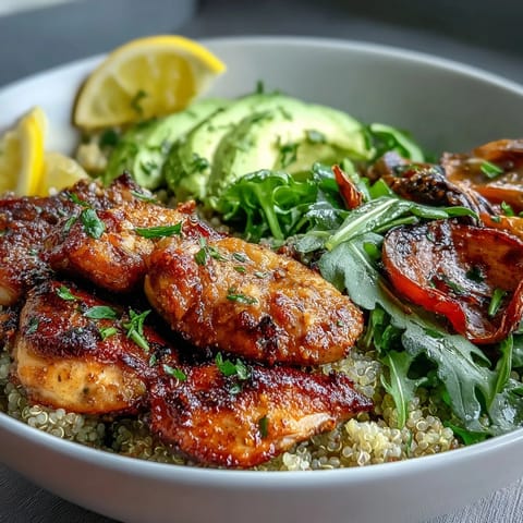 A colorful bowl of paprika-roasted vegetables, fluffy quinoa, and golden pan-fried chicken, topped with creamy avocado and crisp lemon salad.  