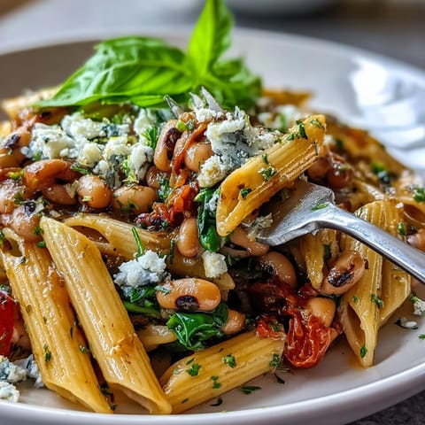 Creamy black-eyed pea pasta tossed with cherry tomatoes, spinach, and lemon zest for a fresh vegetarian meal.  