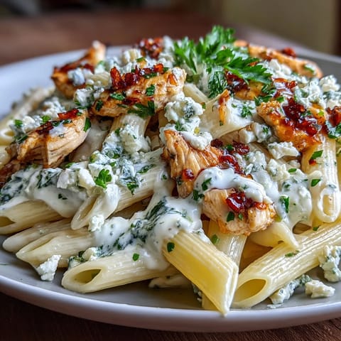 A close-up of Creamy Lemon Feta Chicken Pasta, showcasing the silky lemon cream sauce coating penne and tender chicken.  