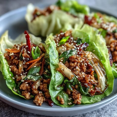 Fresh and healthy lettuce wraps filled with turkey potsticker stir-fry, crunchy vegetables, and sesame seed garnish.