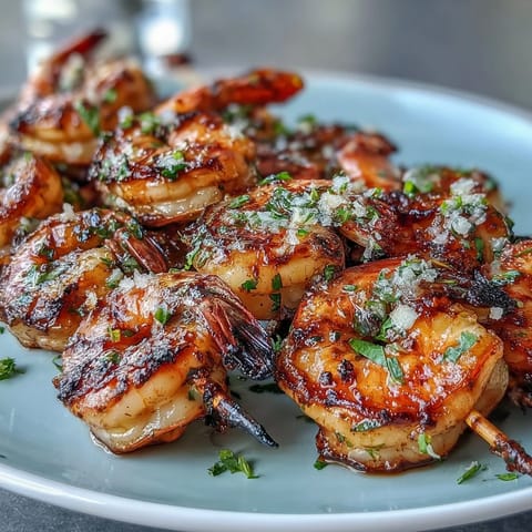 Light lemon herb grilled shrimp skewers with fresh parsley and basil, sizzling on a hot grill for a Mediterranean summer meal.  