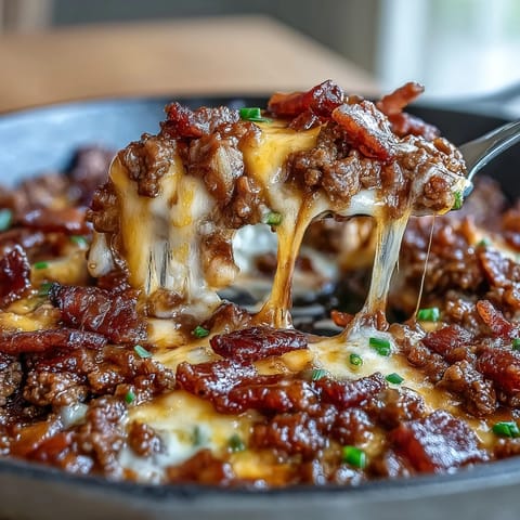 Keto BBQ Bacon Cheeseburger Skillet sizzling with ground beef, crispy bacon, and melted cheddar cheese in a tangy low-carb sauce.
