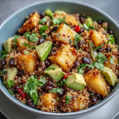 Fluffy quinoa, sweet pineapple, and hearty black beans come together in this vibrant salad with fresh cilantro and lime.  